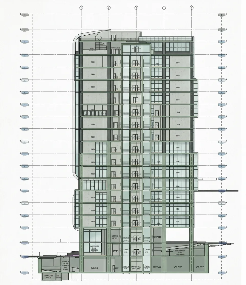 Detailed building section drawing from the NUS Wet Science Building project