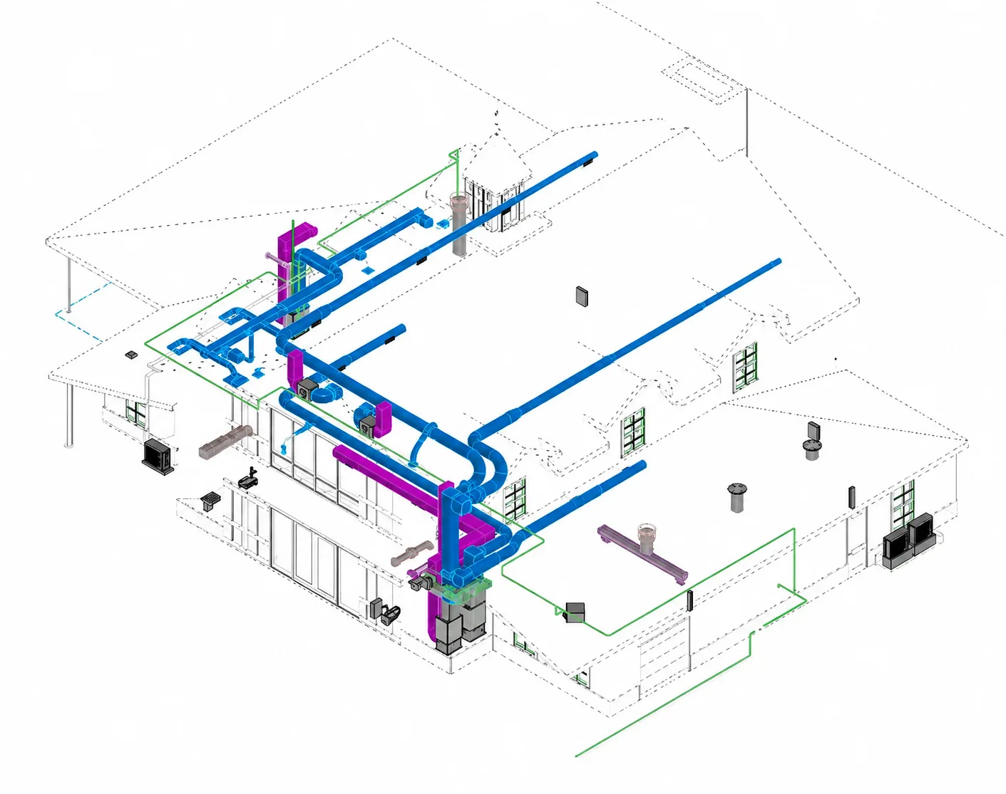 Accessory Barn Building Revit model showing HVAC and plumbing systems