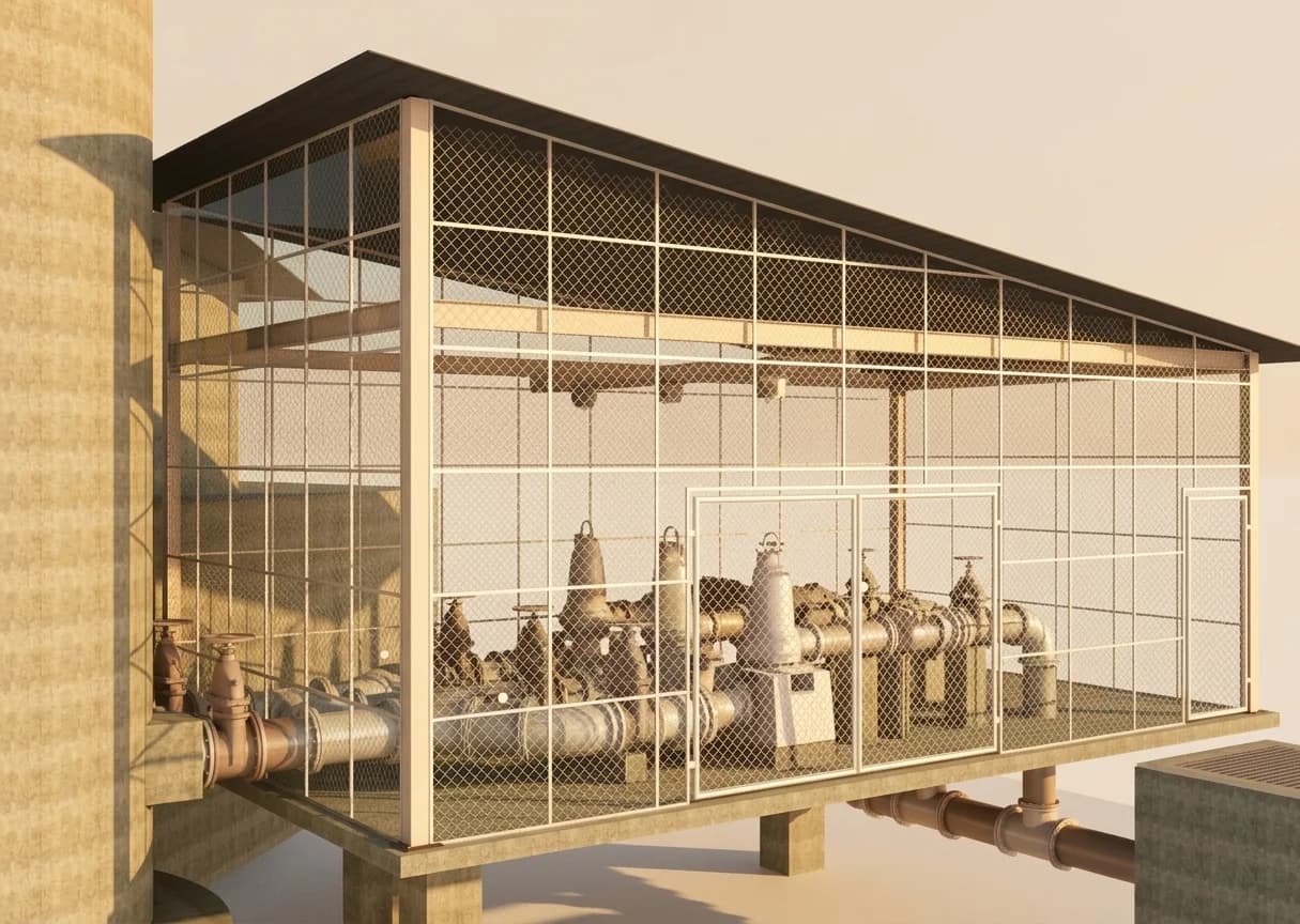 Detailed treatment equipment and pipework visualization at Corowa Sewerage Treatment Plant